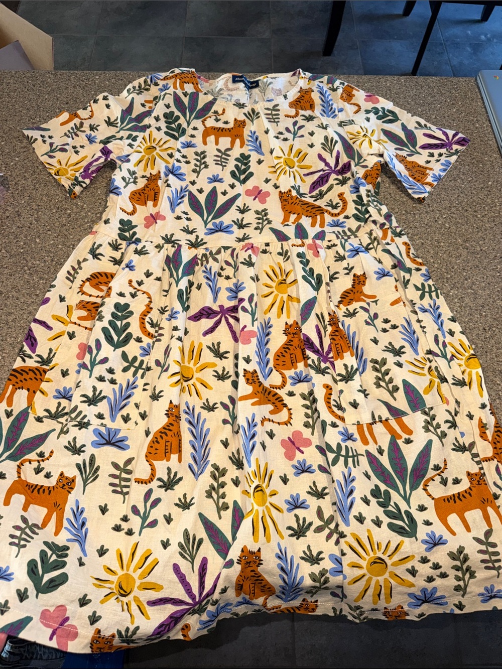 Princess Highway Linen Blend Cream Dress with Tiger & Floral Print
